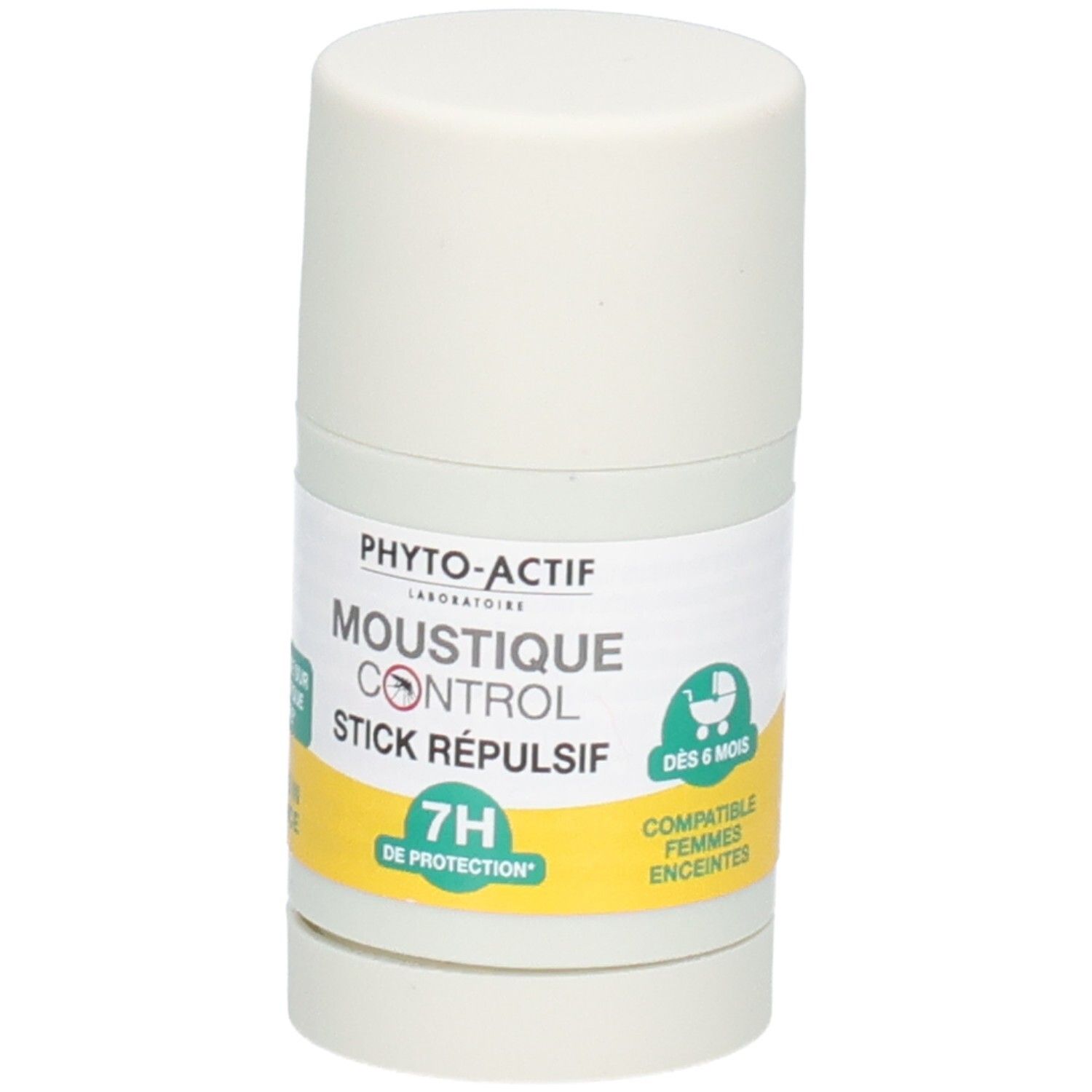 Stick cylindrique avec bouchon blanc. Étiquette avec nom et logo du produit. Symbole vert pour bébés. Convient aux femmes enceintes.