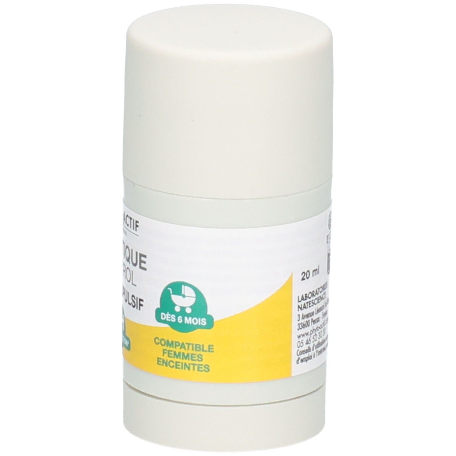 Stick cylindrique, vue latérale. Bouchon blanc. Étiquette avec informations produit. Symbole vert pour bébés. 20 ml.
