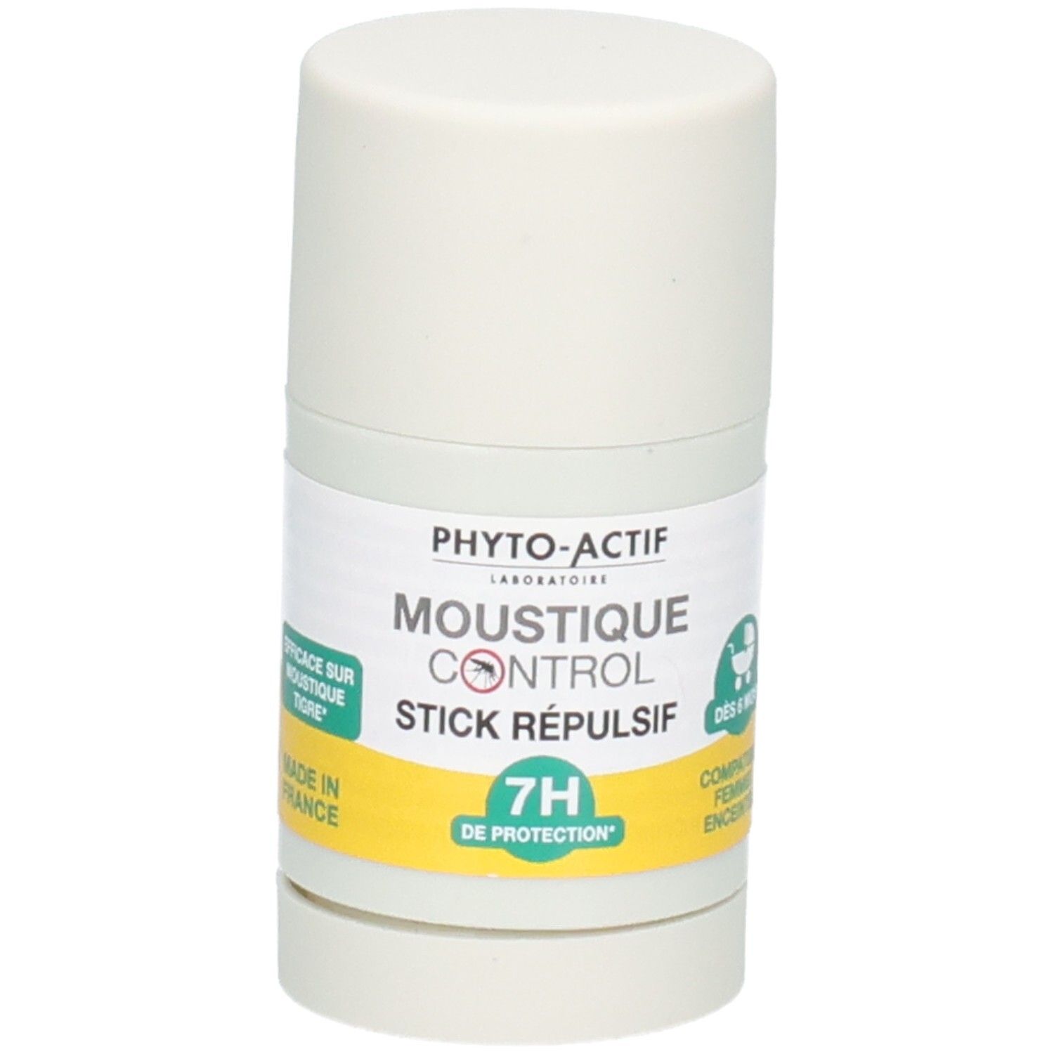 Stick cylindrique avec bouchon blanc. Étiquette avec nom et logo du produit. Symbole vert pour bébés. Protection 7H.