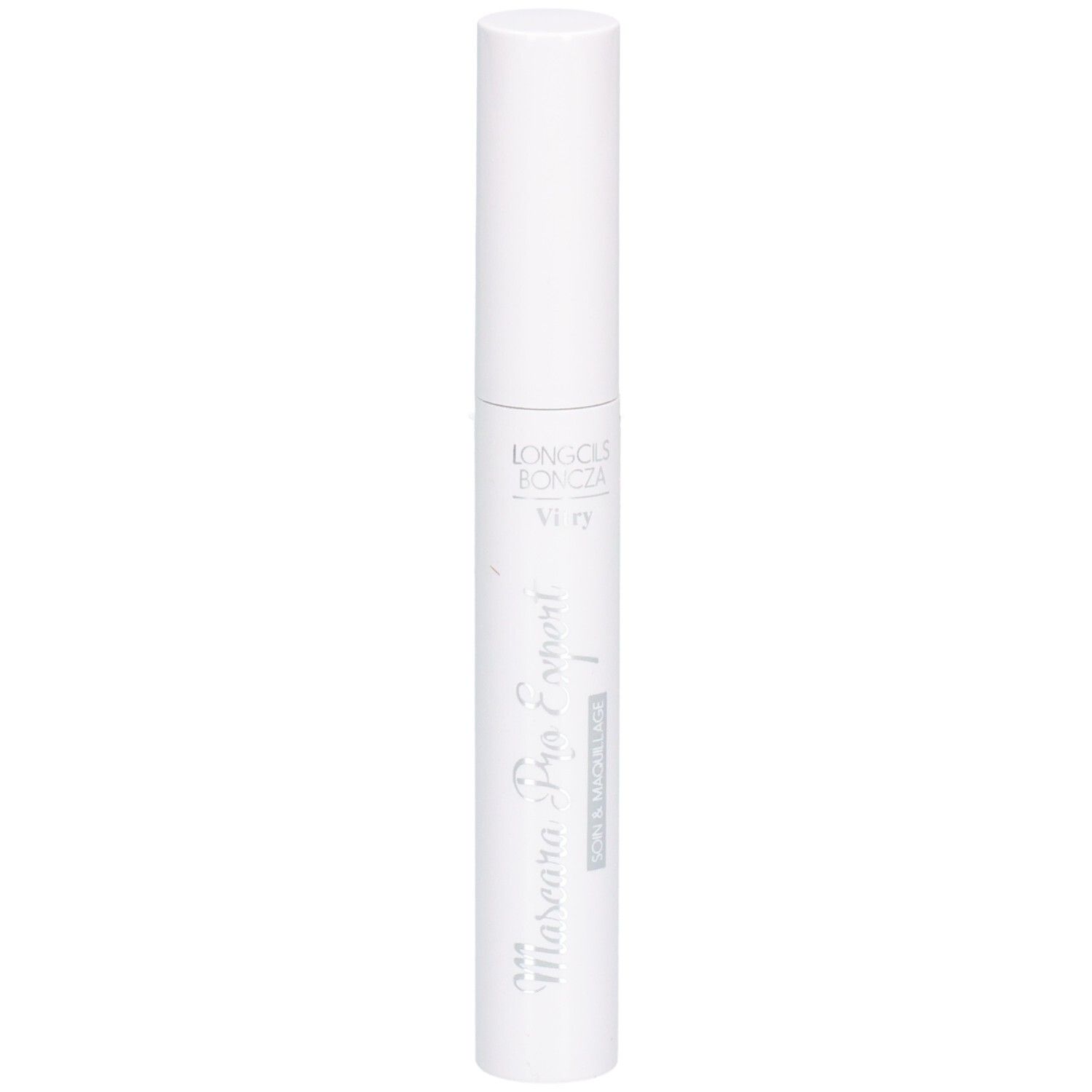 Tube de mascara blanc avec bouchon blanc. Inscription: Mascara Pro'Expert, Vitry. Vue verticale.