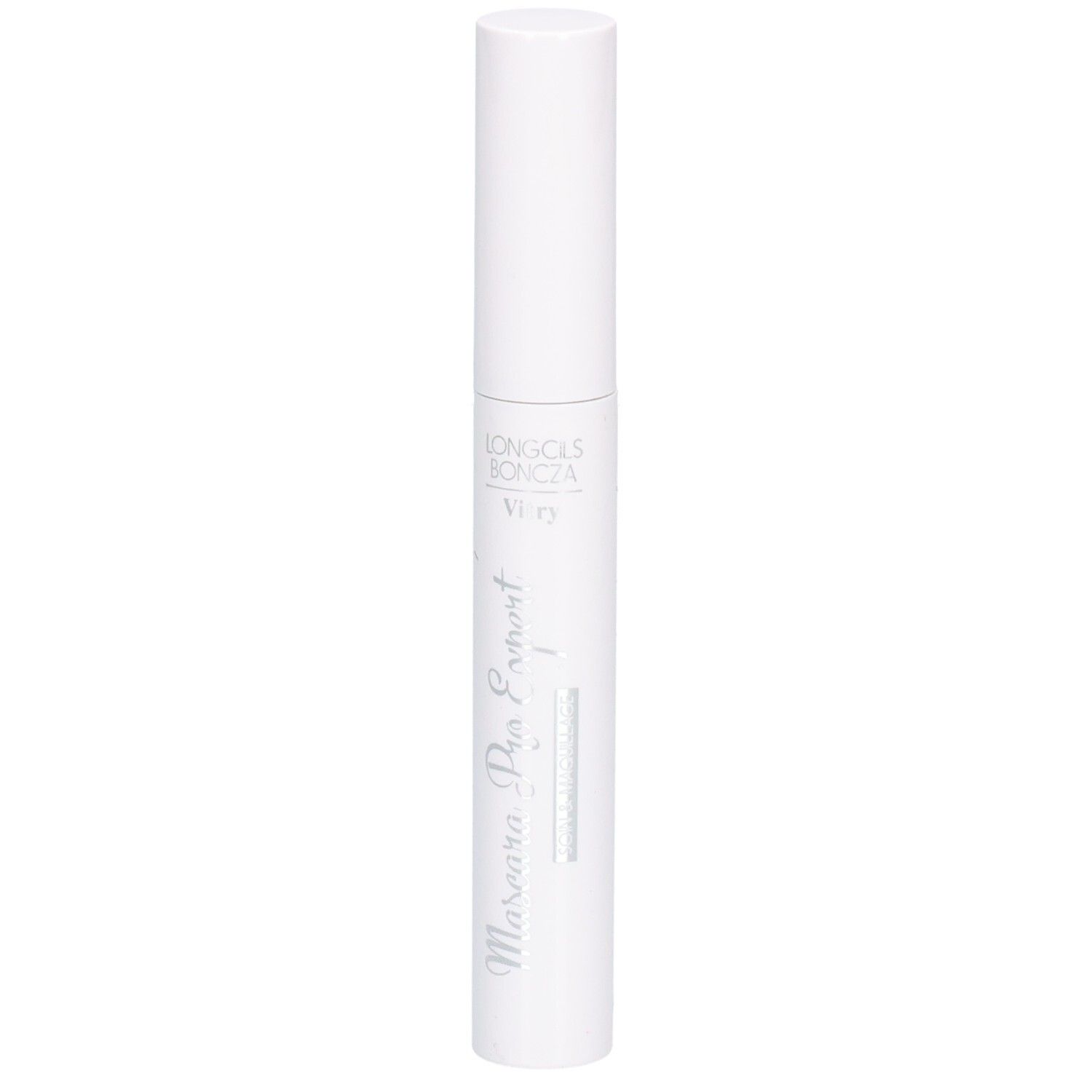 Tube de mascara blanc avec bouchon blanc. Inscription: Mascara Pro Expert, Vitry. Vue verticale.