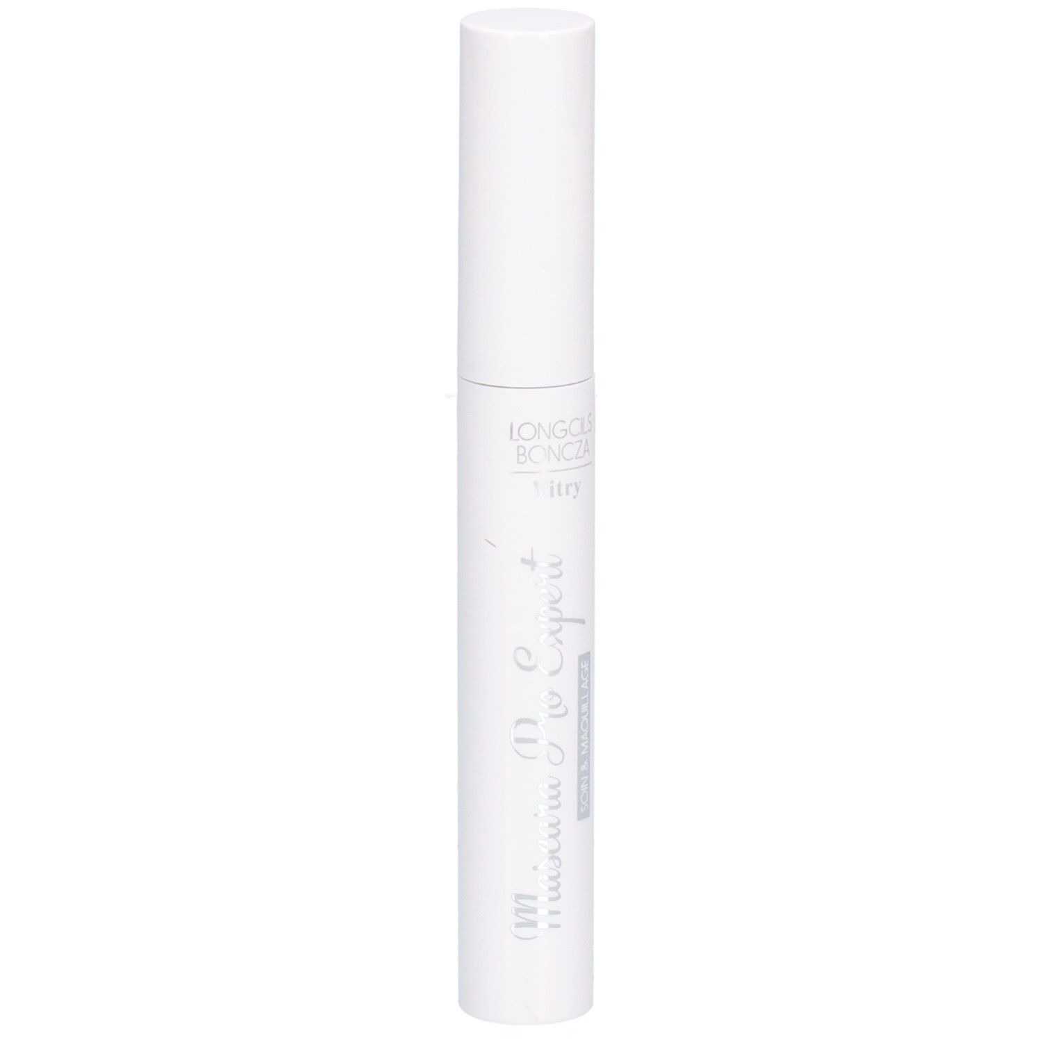 Tube de mascara blanc avec bouchon blanc. Inscription. Vue verticale.