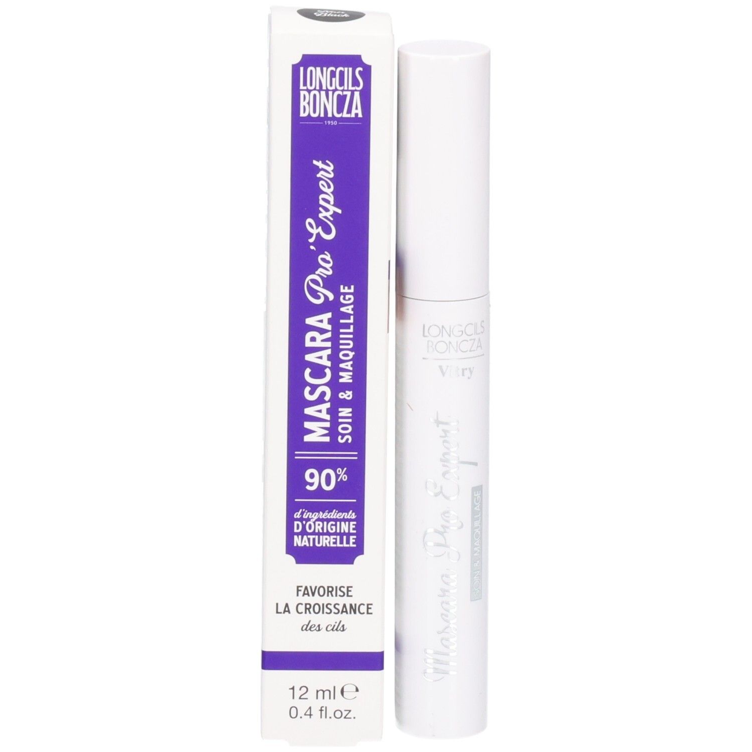 Tube de mascara et emballage. Emballage: violet, avec inscription Mascara Pro'Expert, 90% ingrédients naturels.