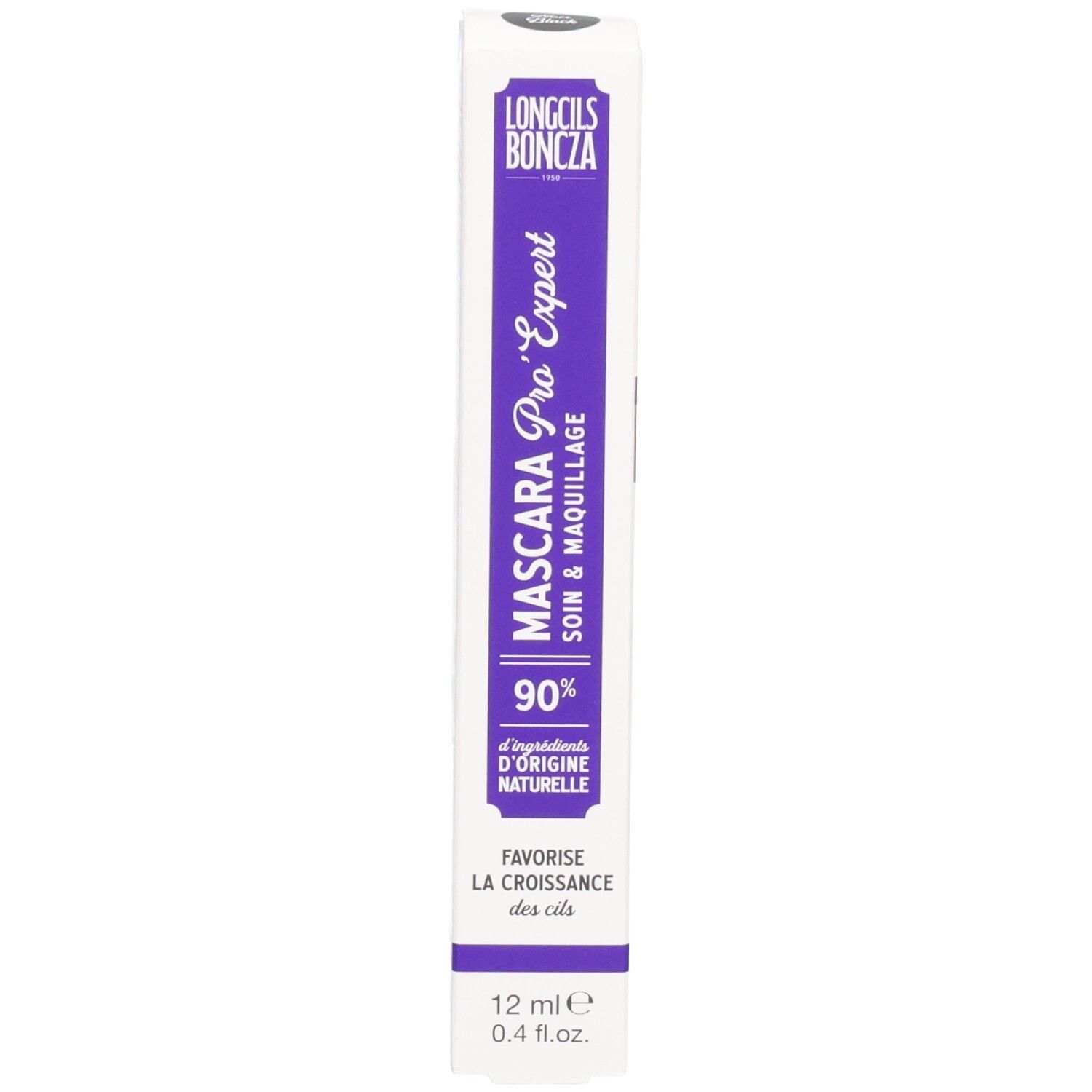 Emballage violet avec inscription Mascara Pro'Expert, 90% ingrédients naturels. Vue verticale.