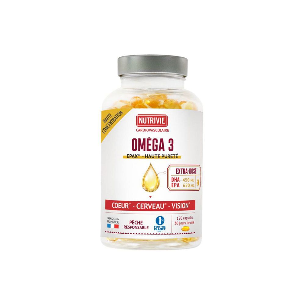 Nutrivie Oméga 3: Haute concentration, EPAX, Coeur, Cerveau, Vision. 120 capsules.