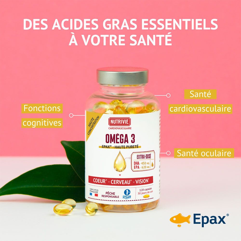 Bouteille Nutrivie Oméga 3 avec capsules, entourée de feuilles. Texte: Acides gras essentiels pour votre santé.