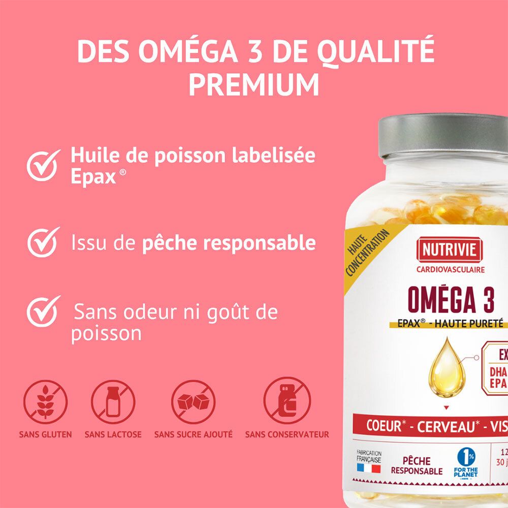 Nutrivie Oméga 3: Huile de poisson, pêche responsable, sans odeur/goût. Sans gluten, lactose, sucre, conservateurs.