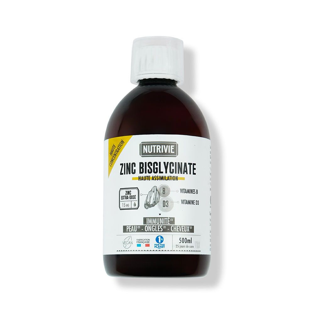 Bouteille Nutrivie Zinc Bisglycinate 500ml avec étiquette mettant en avant l'immunité, la peau, les ongles et les cheveux.