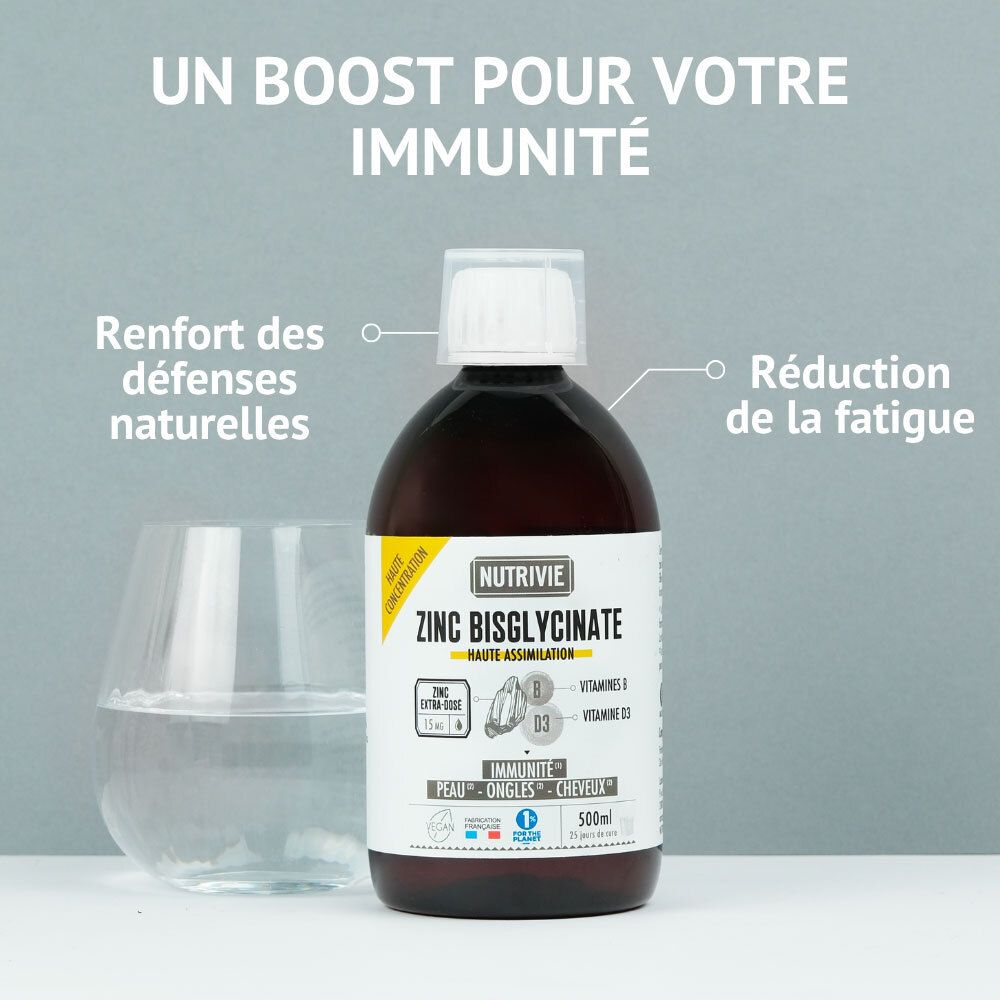 Bouteille Nutrivie Zinc Bisglycinate à côté d'un verre d'eau, avec texte sur l'immunité et la réduction de la fatigue.