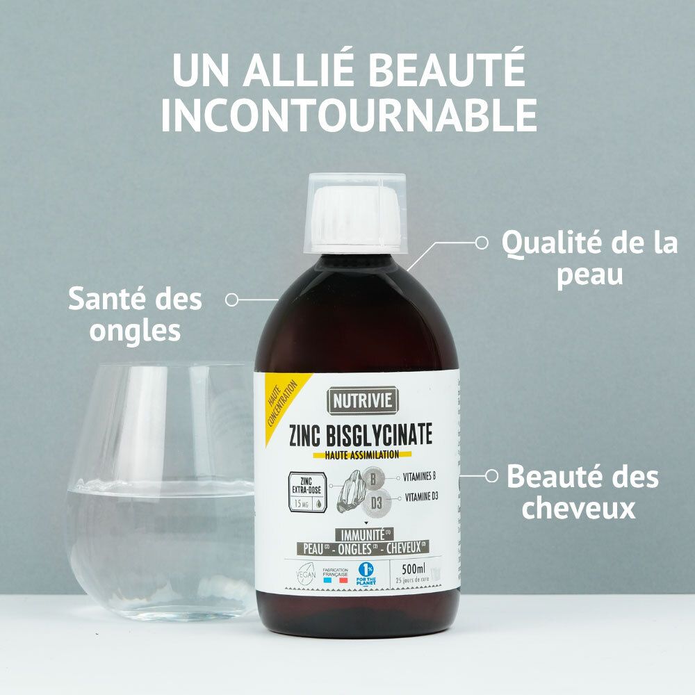 Bouteille Nutrivie Zinc Bisglycinate à côté d'un verre d'eau, avec texte sur la beauté et la santé de la peau.