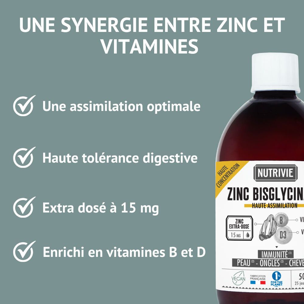 Bouteille Nutrivie Zinc Bisglycinate avec liste des avantages : assimilation optimale, tolérance digestive, extra dose.