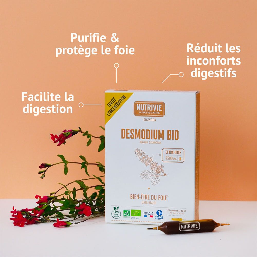 Boîte de Nutrivie Desmodium Bio ampoules avec une ampoule et des fleurs.