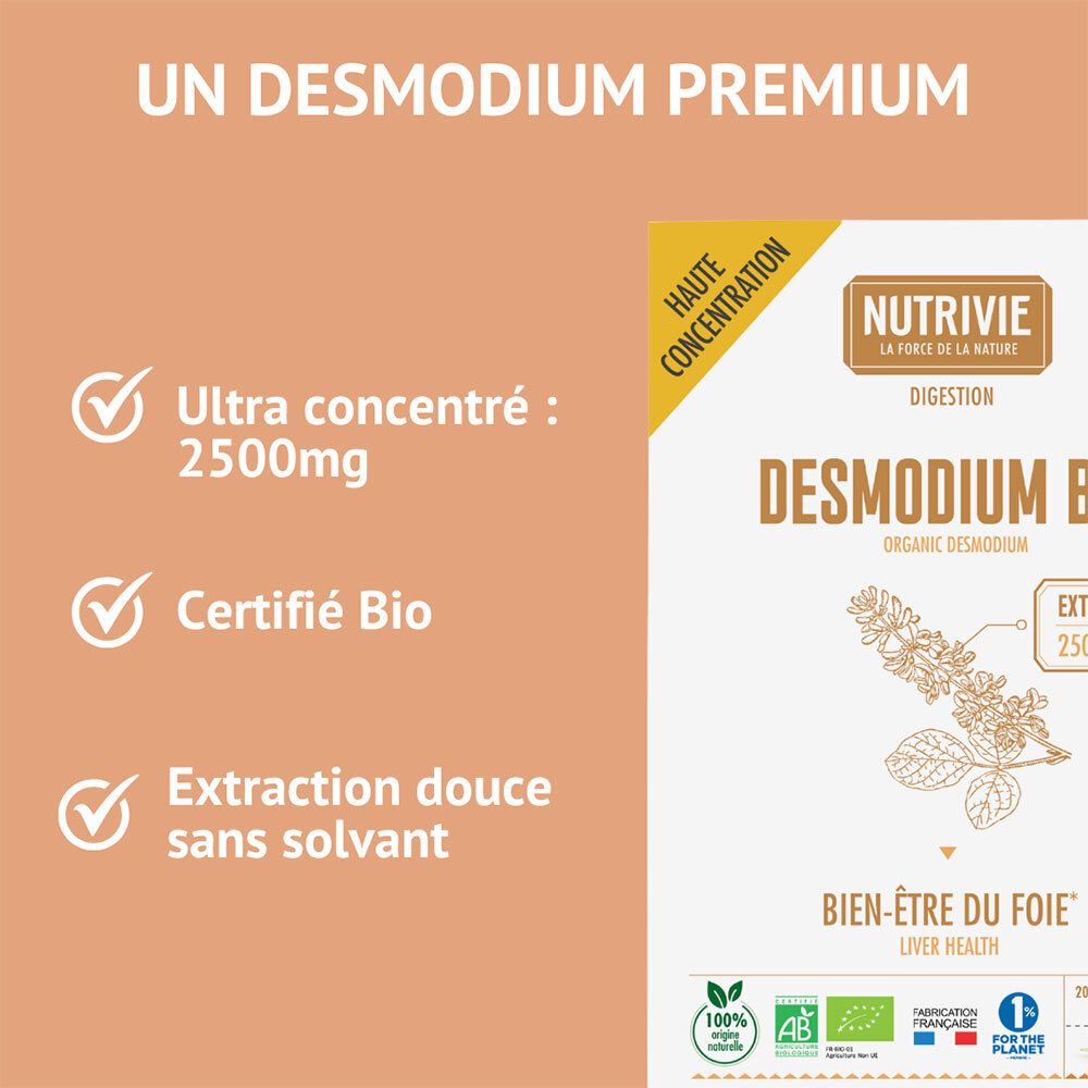 Boîte de Nutrivie Desmodium Bio ampoules avec mises en avant sur la concentration et la certification bio.