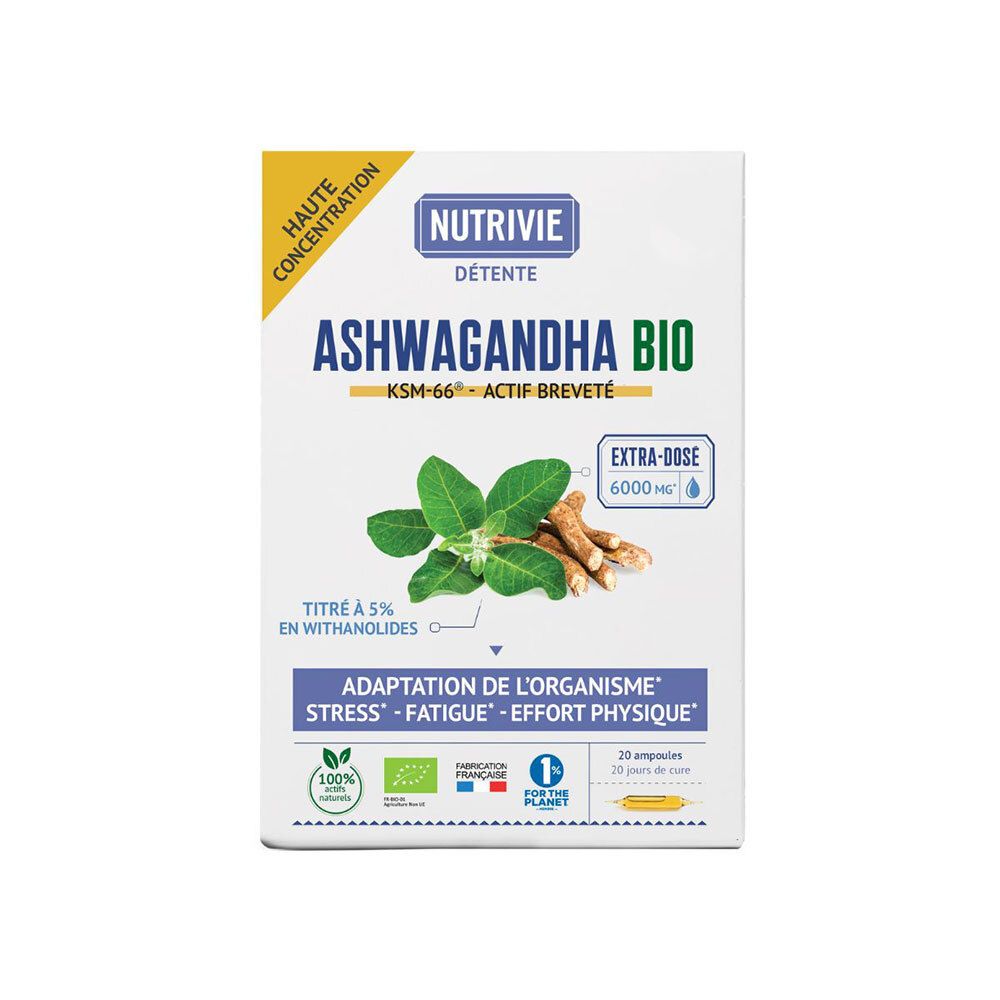 Nutrivie Ashwagandha Bio KSM-66: Boîte de 20 ampoules, extrait 6000 mg, haute concentration.