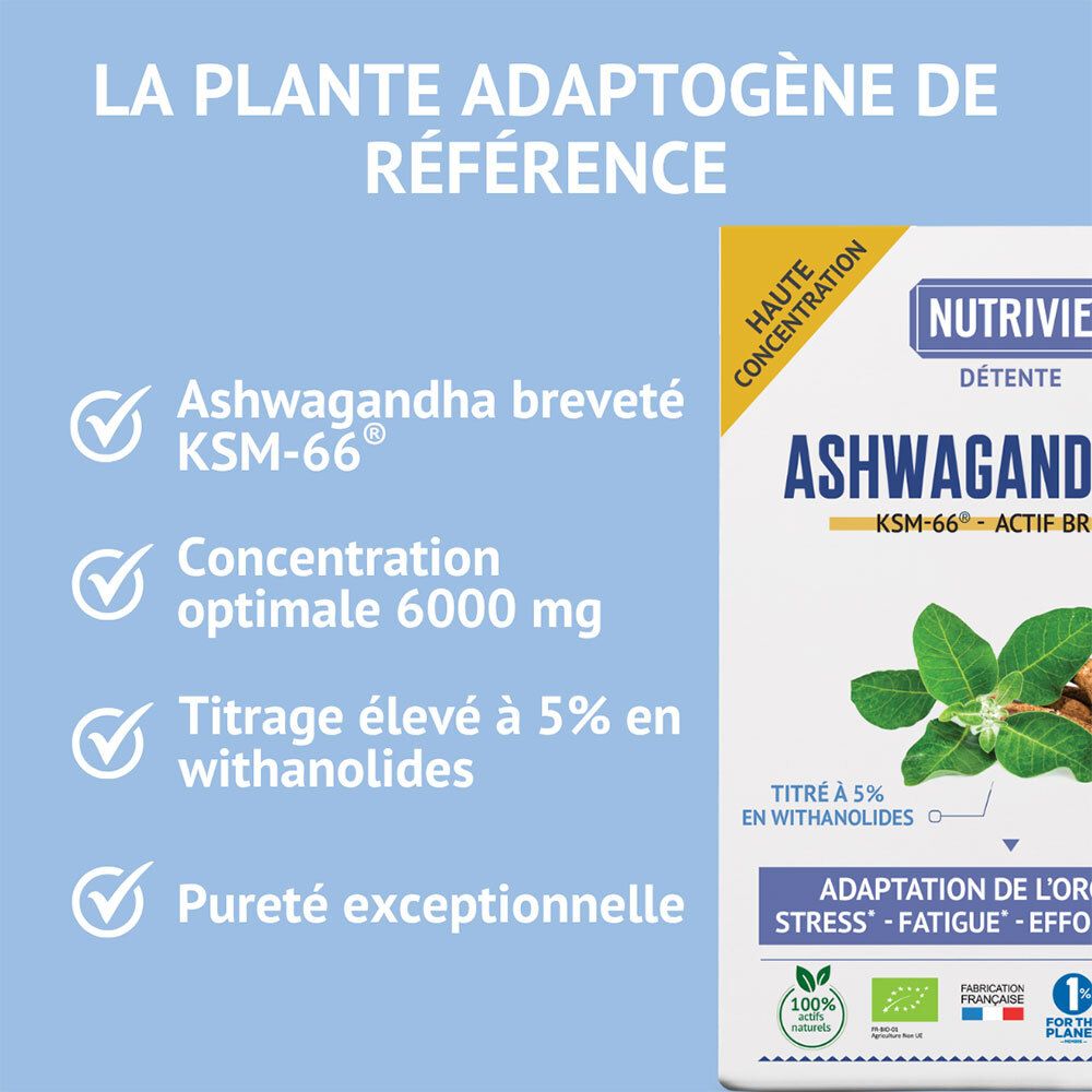 Nutrivie Ashwagandha Bio KSM-66: Avantages tels que réduction du stress, concentration optimale 6000 mg.