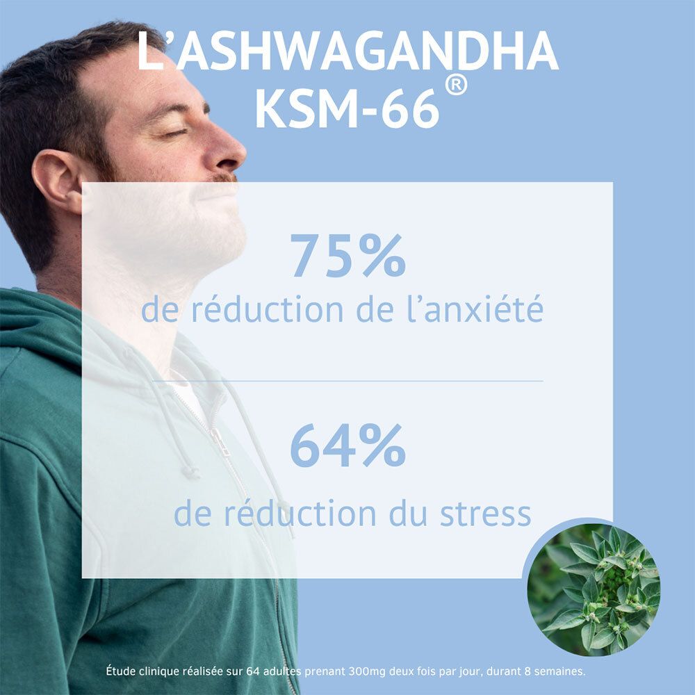 Nutrivie Ashwagandha KSM-66: 75% de réduction de l'anxiété, 64% de réduction du stress. Étude clinique.
