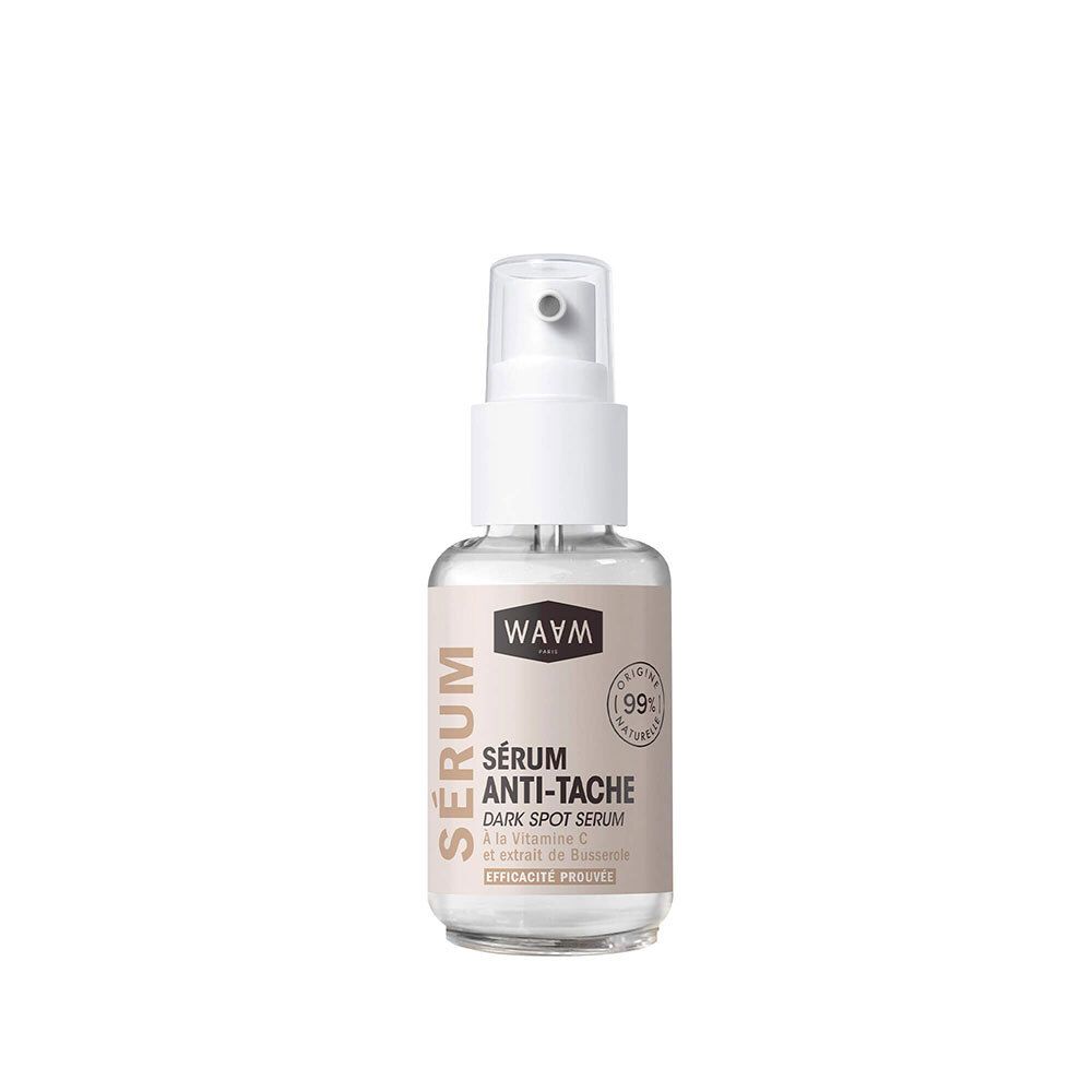 Waam Sérum Anti-tache : flacon pompe, 99% d'ingrédients d'origine naturelle.