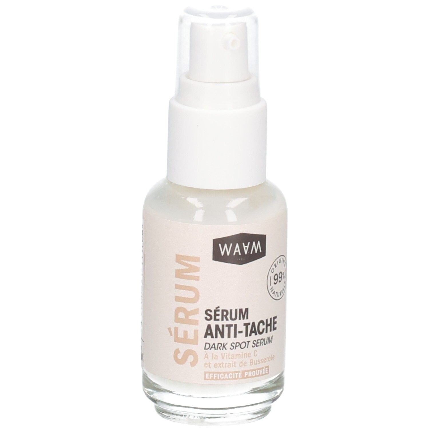 Waam Sérum Anti-tache : flacon pompe, 99% d'ingrédients d'origine naturelle.