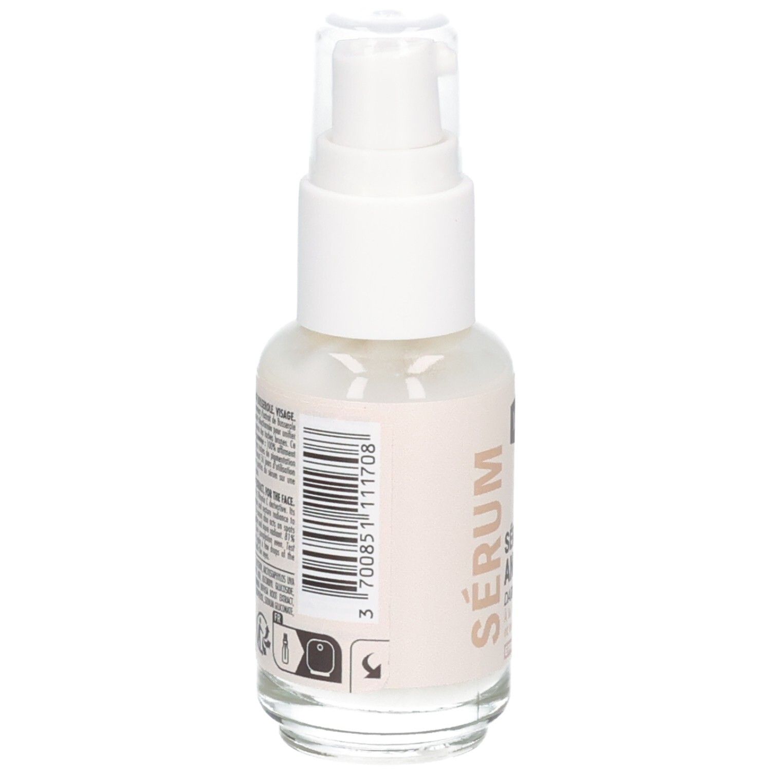 Waam Sérum Anti-tache : arrière du flacon avec code-barres et ingrédients.