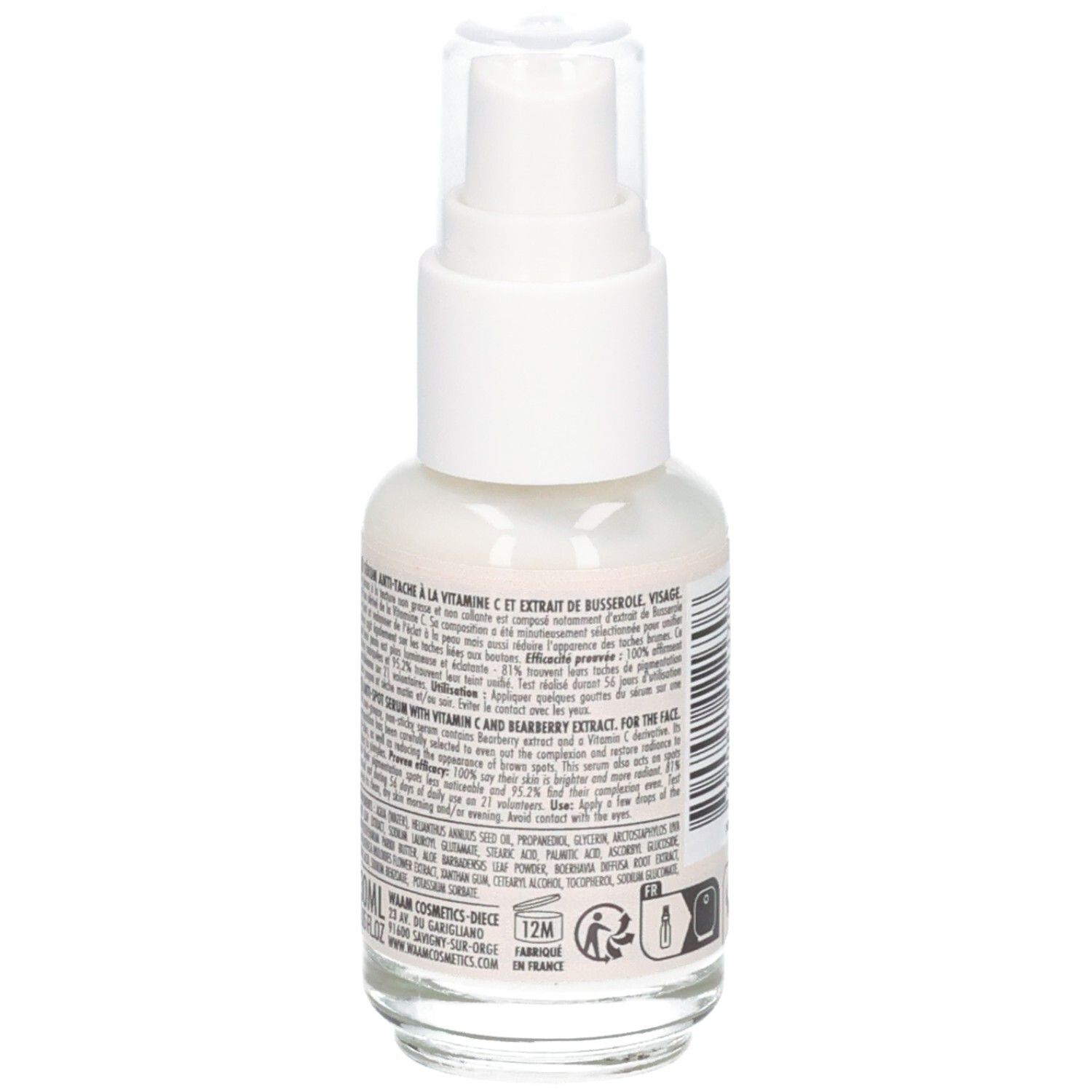 Waam Sérum Anti-tache : arrière du flacon avec ingrédients et instructions.
