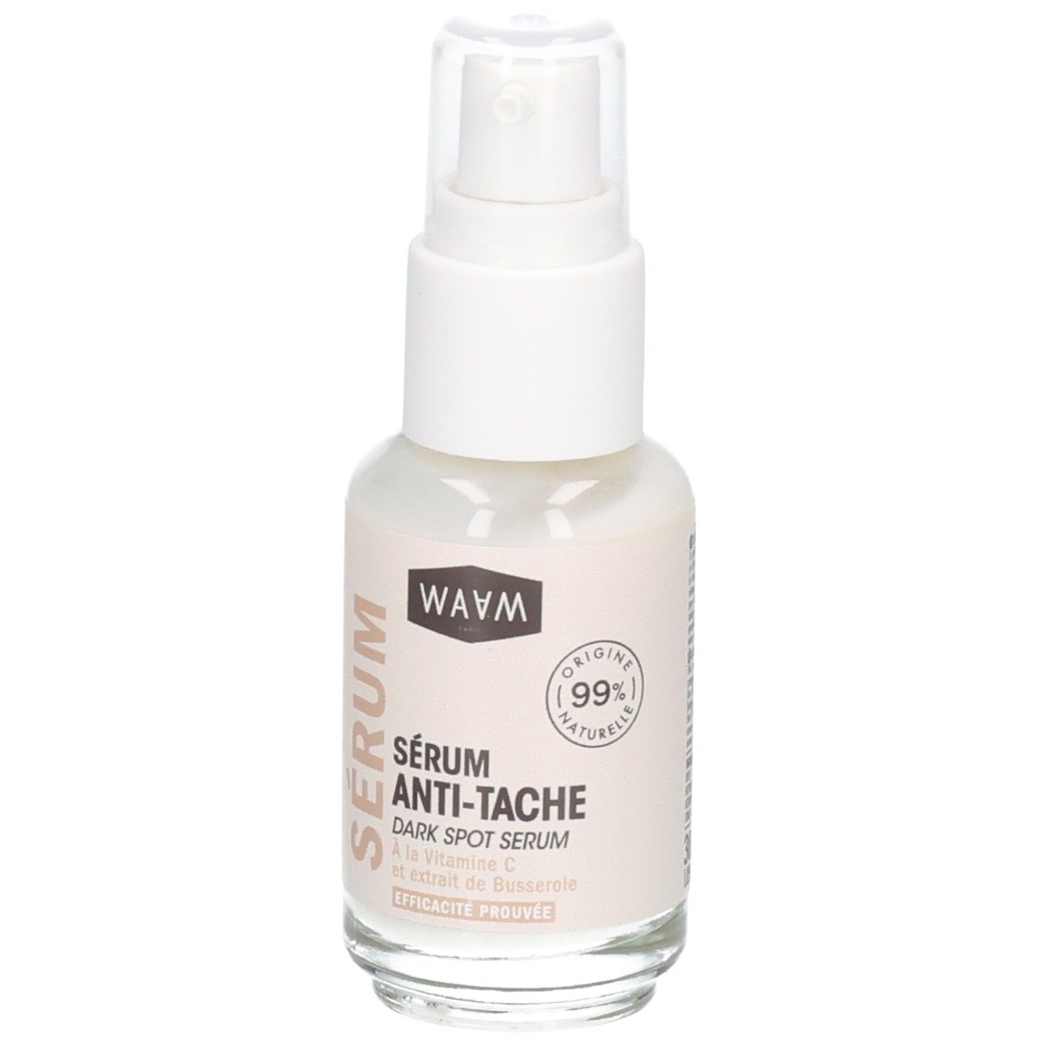 Waam Sérum Anti-tache : flacon pompe, 99% d'ingrédients d'origine naturelle.