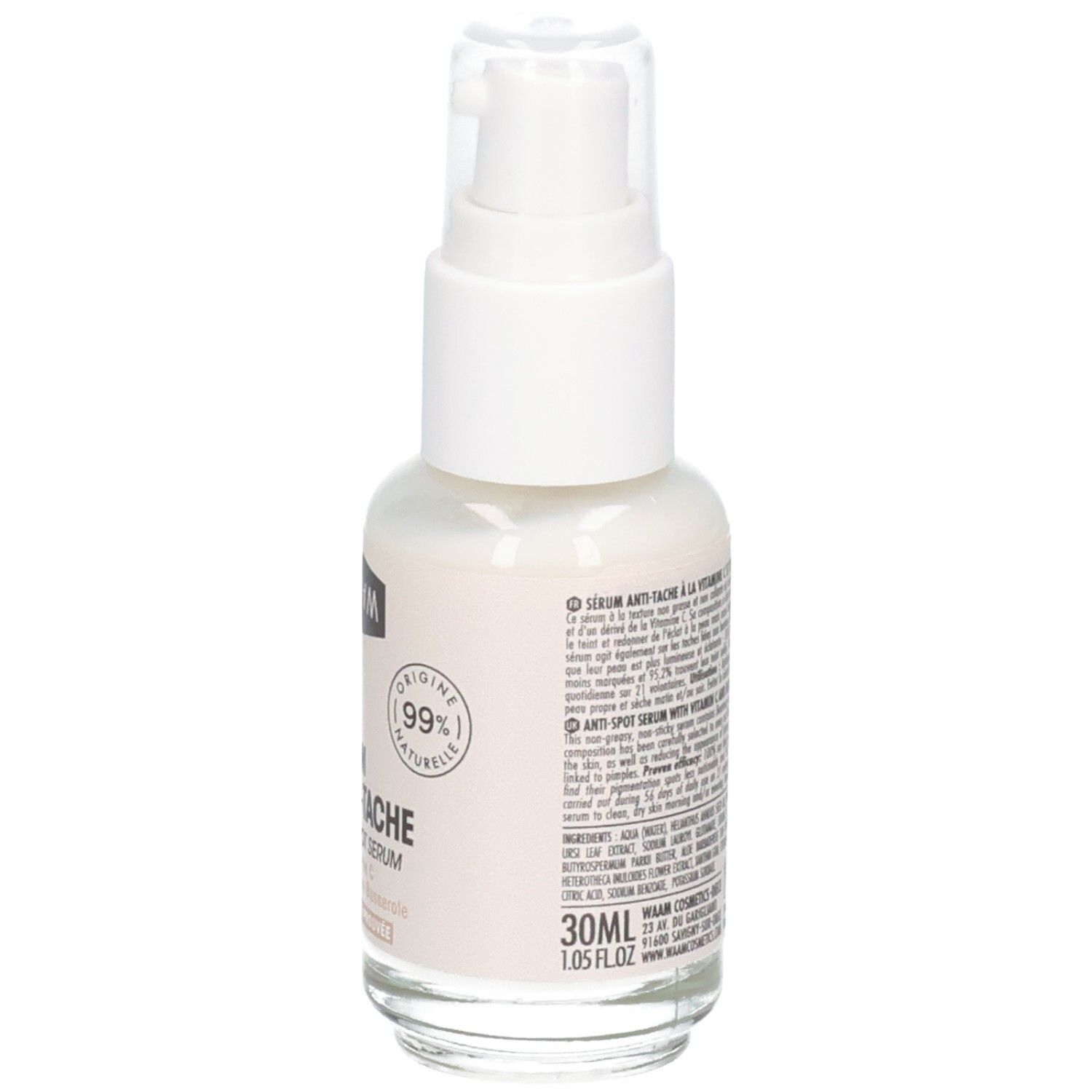 Waam Sérum Anti-tache : flacon pompe, 30ml, 99% d'ingrédients naturels.