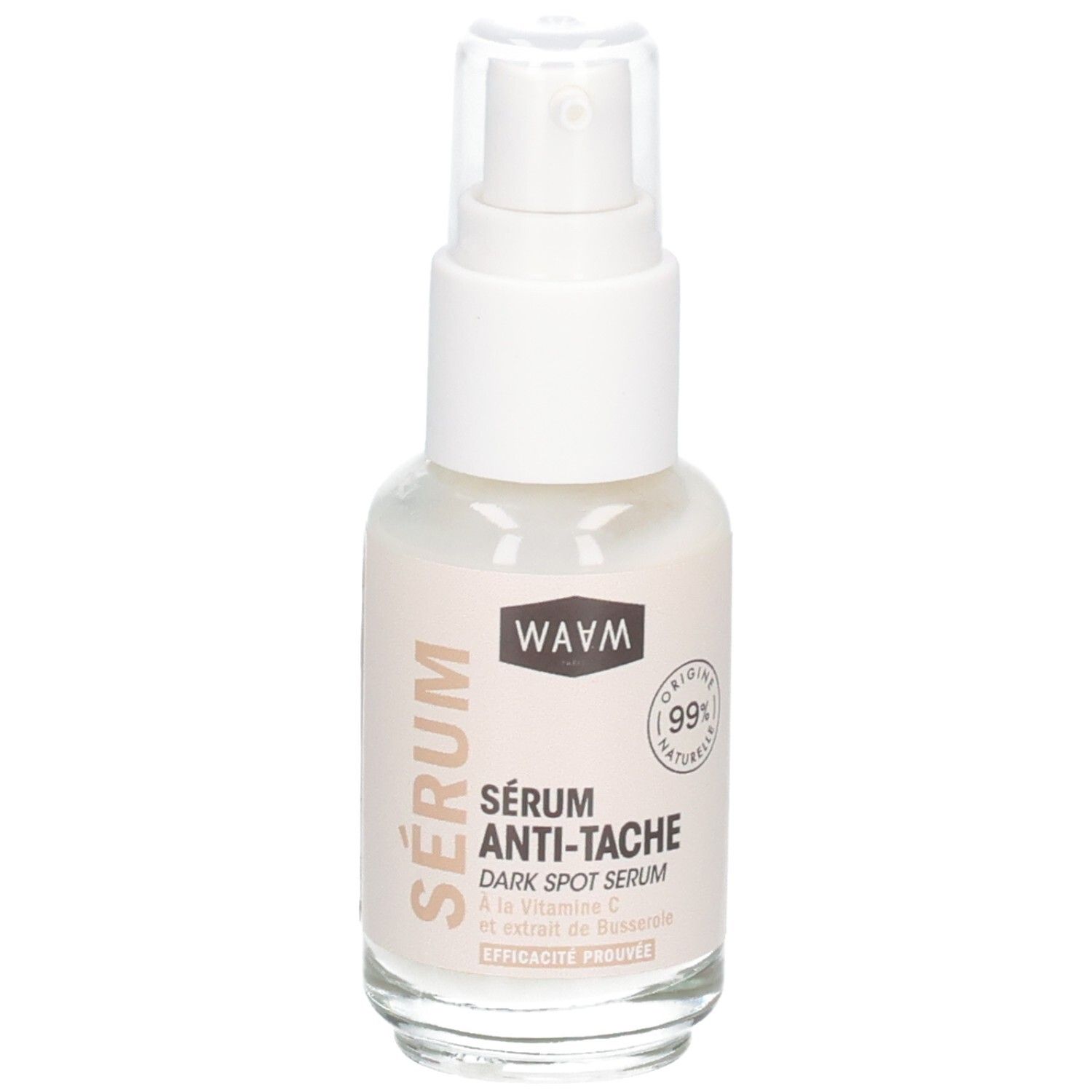 Waam Sérum Anti-tache : flacon pompe, 99% d'ingrédients d'origine naturelle.
