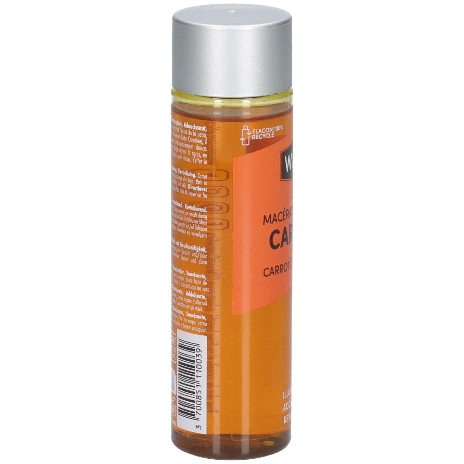 Arrière d'un flacon en verre orange avec informations produit et code-barres.