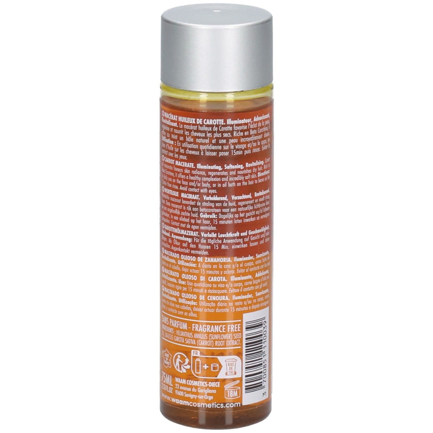 Arrière d'un flacon en verre orange avec informations produit détaillées.