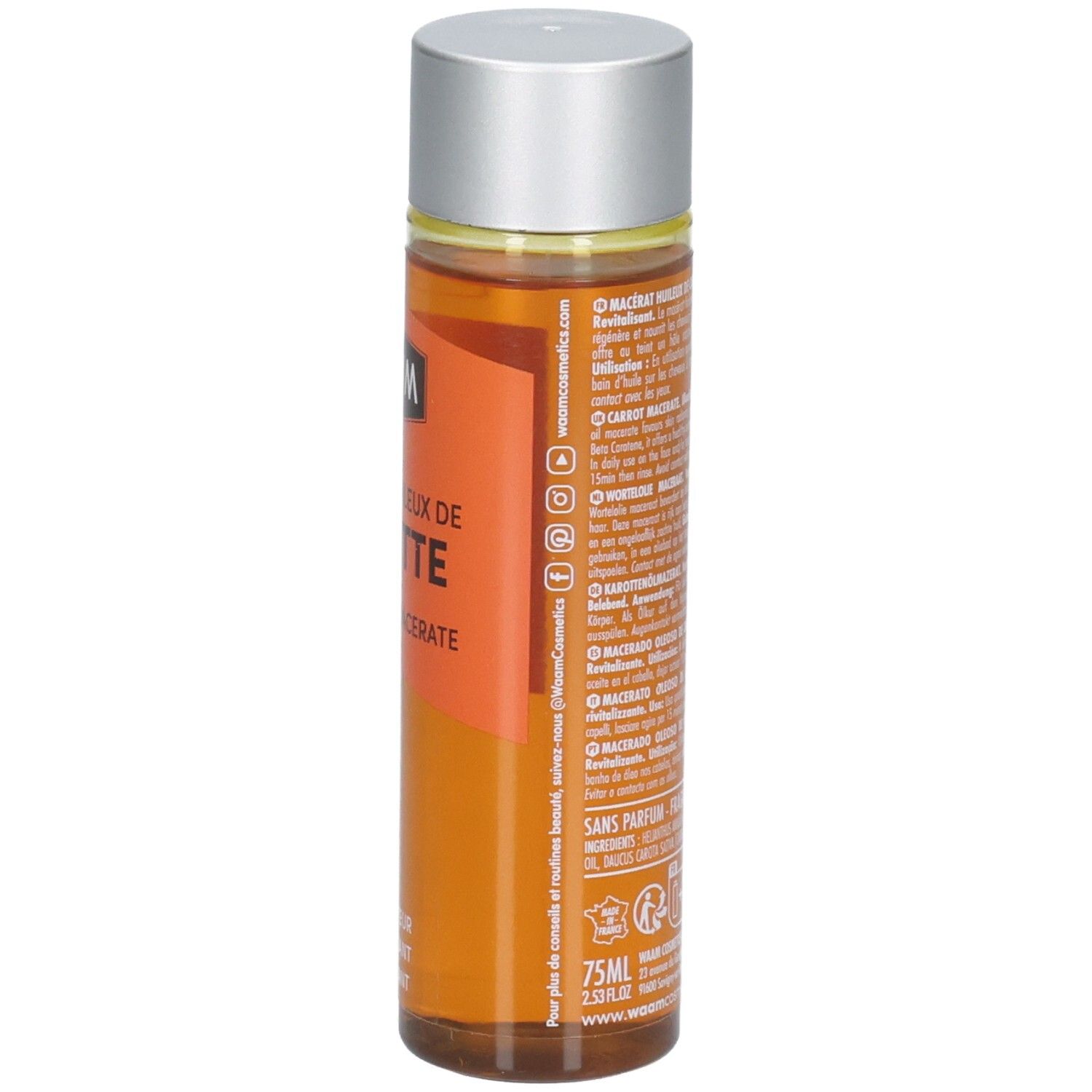 Vue latérale d'un flacon en verre orange avec étiquette produit et texte.