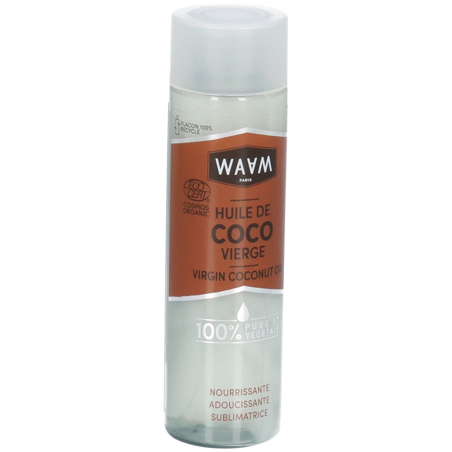 Bouteille WAVM Huile de Coco Virgin Coconut Oil avec label bio. Huile de coco 100% vierge.