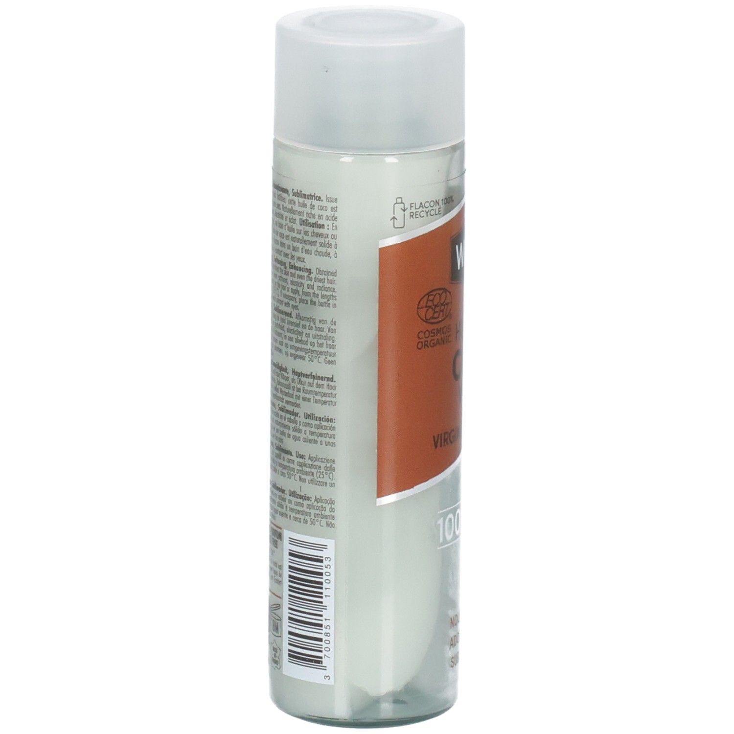 Arrière de la bouteille WAVM Huile de Coco Virgin Coconut Oil avec ingrédients et instructions.