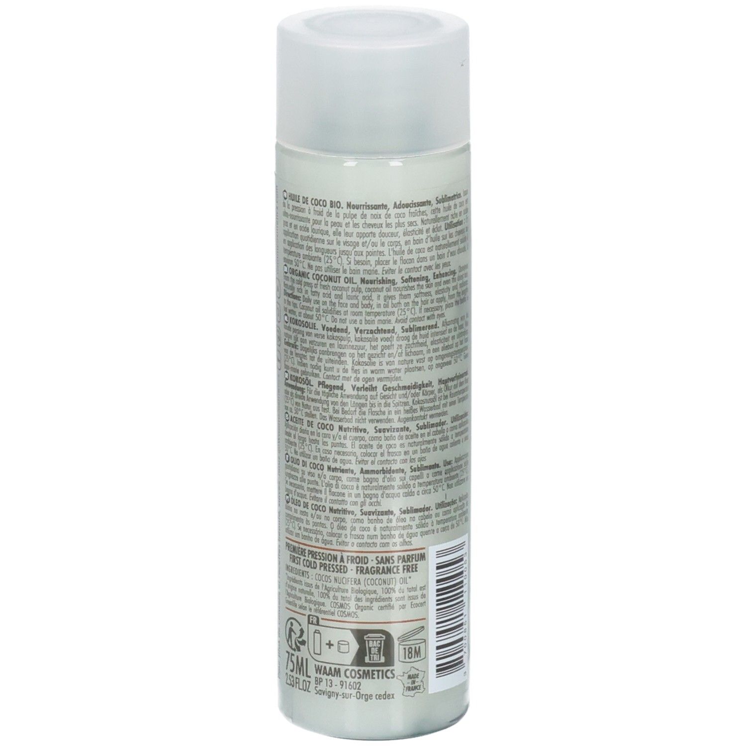 Arrière de la bouteille WAVM Huile de Coco Virgin Coconut Oil avec code-barres et indication de taille 75ml.