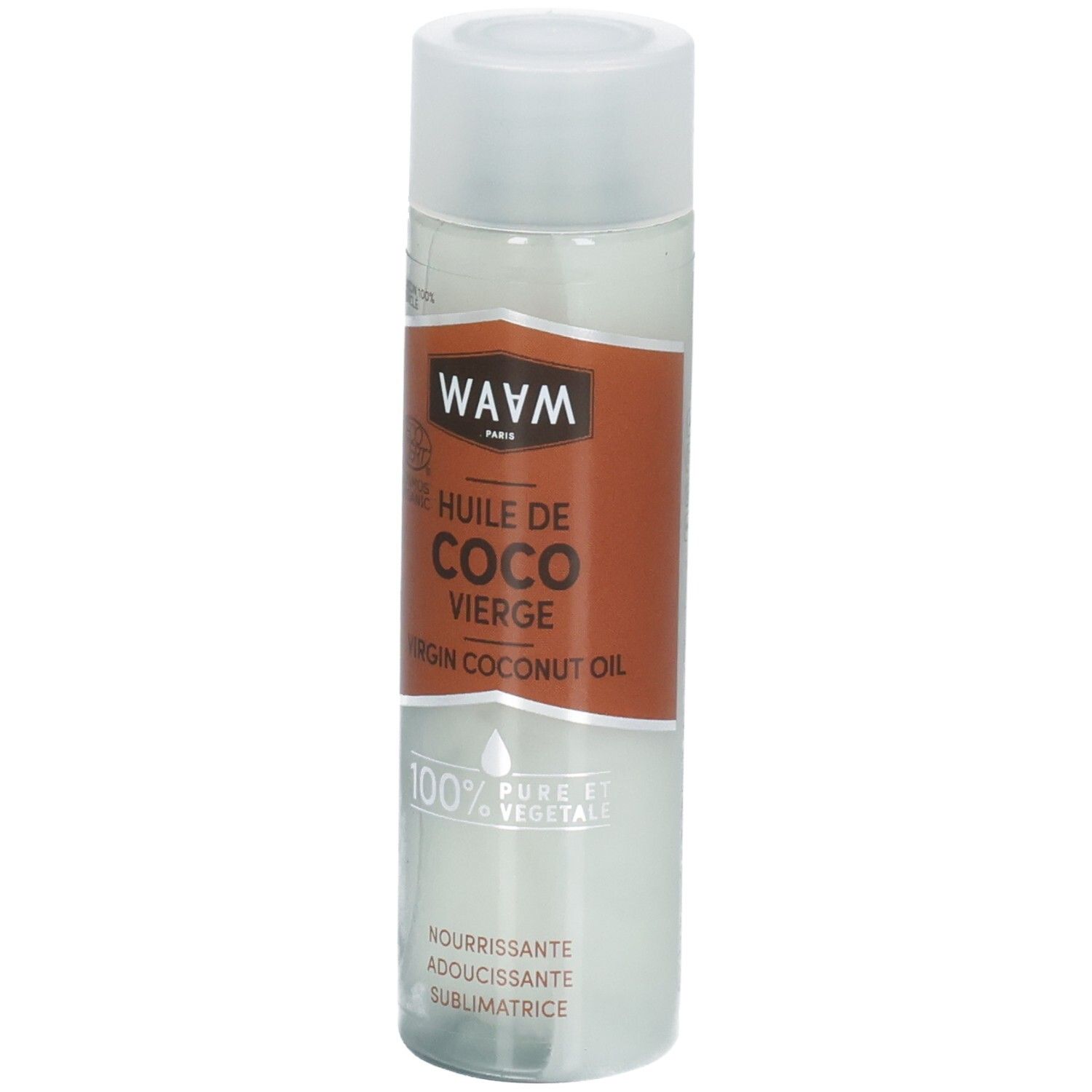 Bouteille WAVM Huile de Coco Virgin Coconut Oil avec label bio. Huile de coco 100% vierge.