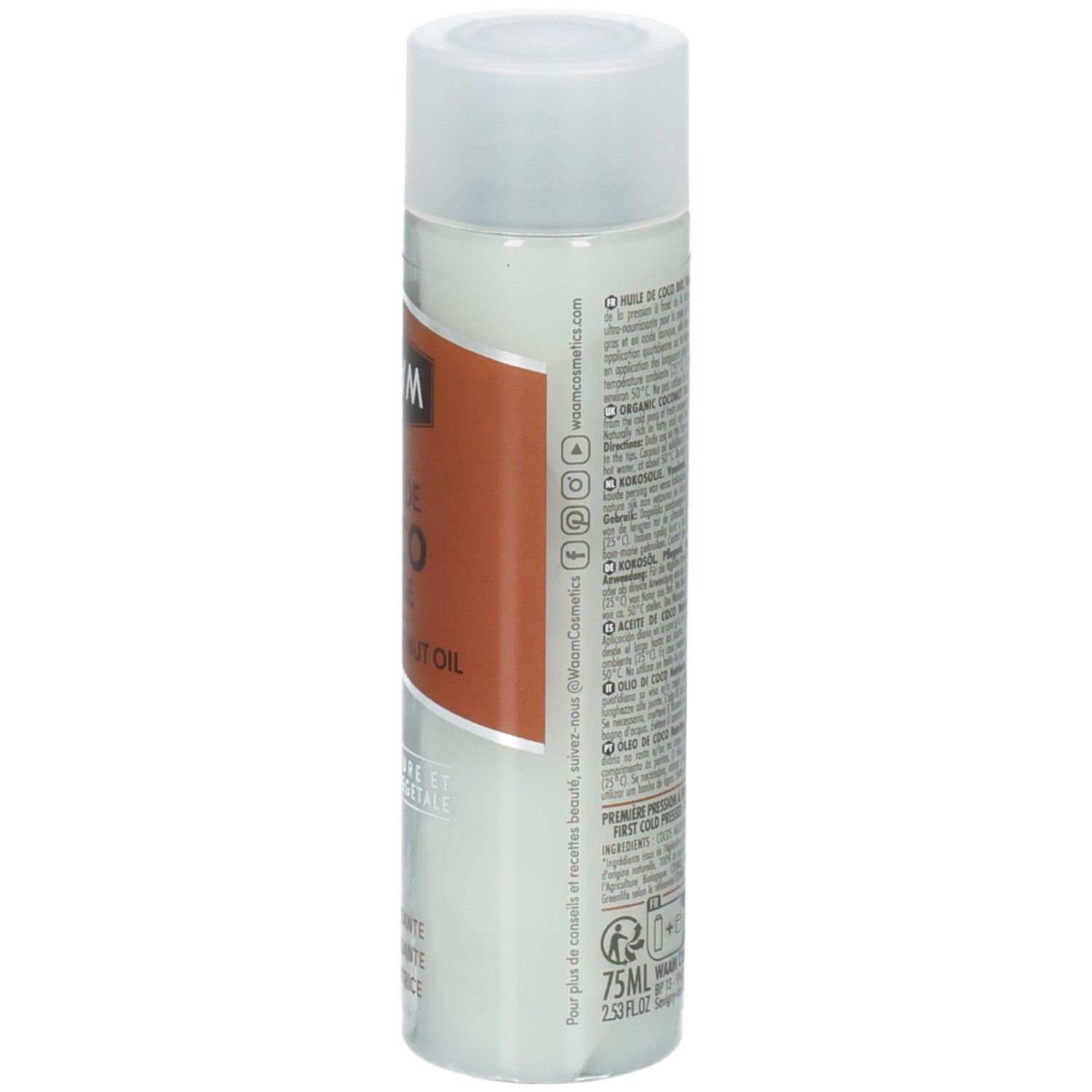Vue latérale de la bouteille WAVM Huile de Coco Virgin Coconut Oil avec informations détaillées.