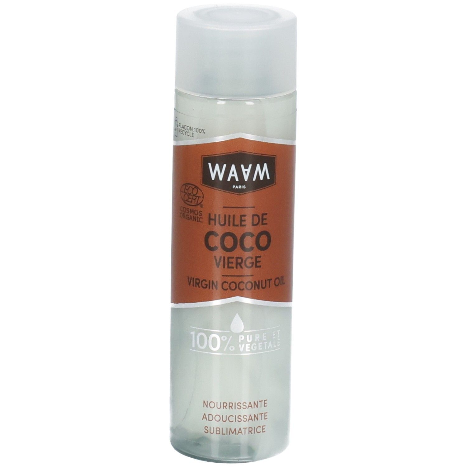 Bouteille WAVM Huile de Coco Virgin Coconut Oil avec label bio. Huile de coco 100% vierge.
