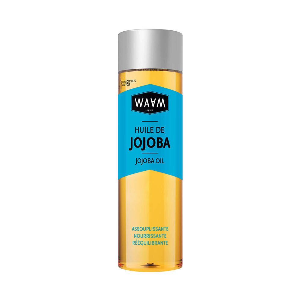 Waam Huile de Jojoba : flacon d'huile de jojoba dorée, bouchon argenté. Étiquette avec bande turquoise.
