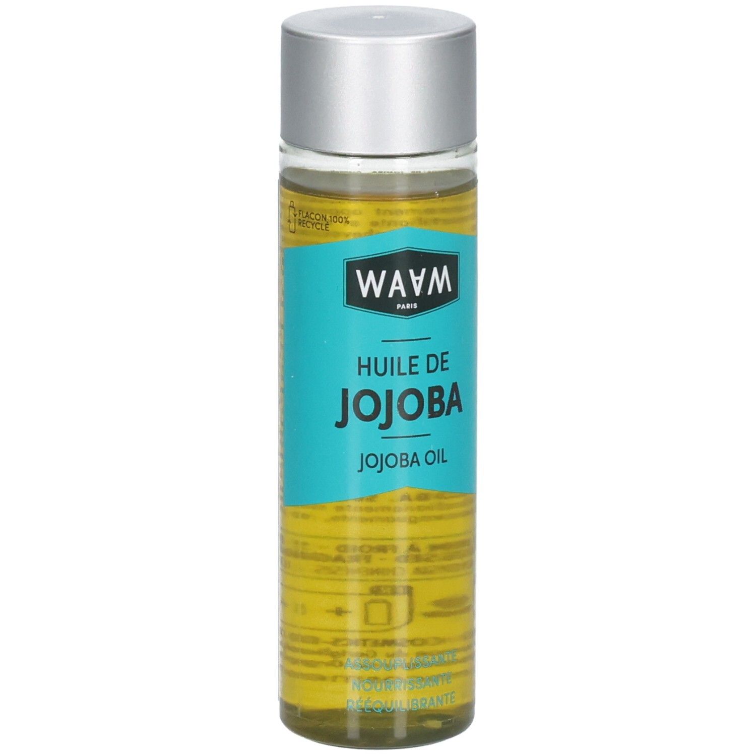 Waam Huile de Jojoba : arrière du flacon avec informations détaillées et code-barres. Liquide doré visible.