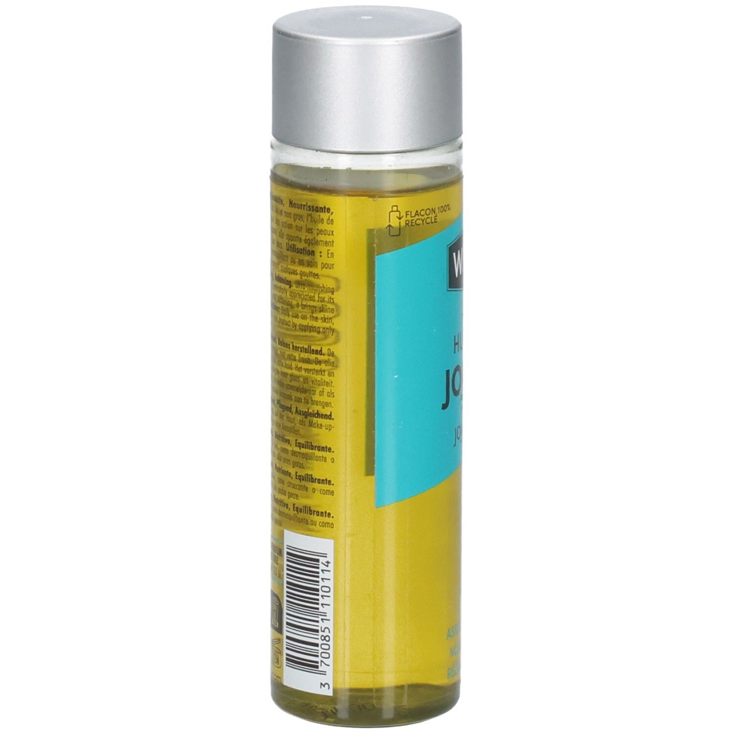 Waam Huile de Jojoba : vue latérale du flacon montrant l'huile dorée et l'étiquette à bande turquoise.