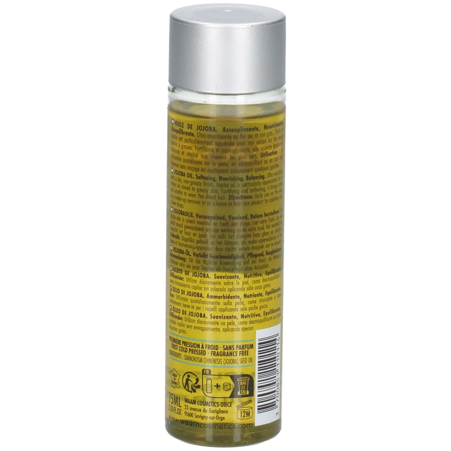 Waam Huile de Jojoba : flacon avec étiquette indiquant 'Huile de Jojoba' et 'Jojoba Oil' en blanc sur fond turquoise.