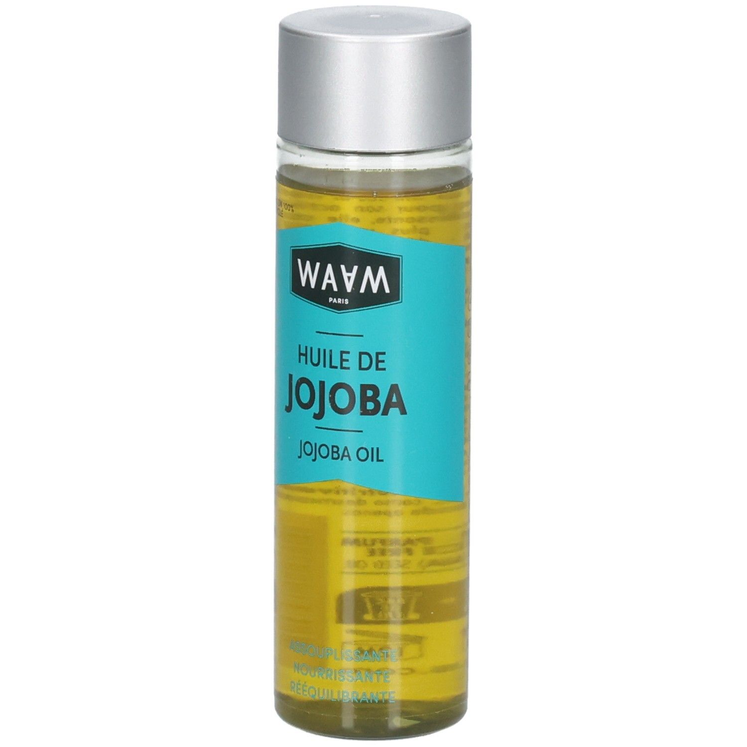 Waam Huile de Jojoba : gros plan de l'étiquette montrant du texte en plusieurs langues et le logo.