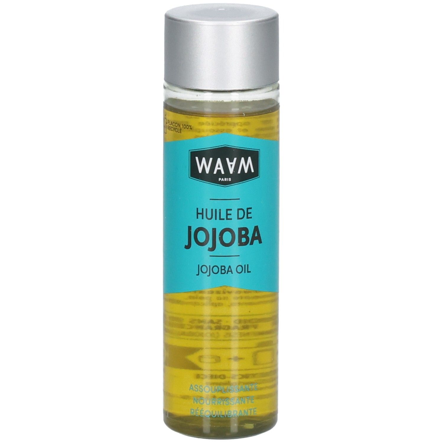 Waam Huile de Jojoba : flacon avec étiquette indiquant 'Assouplissante, Nourrissante, Rééquilibrante' sur fond turquoise.