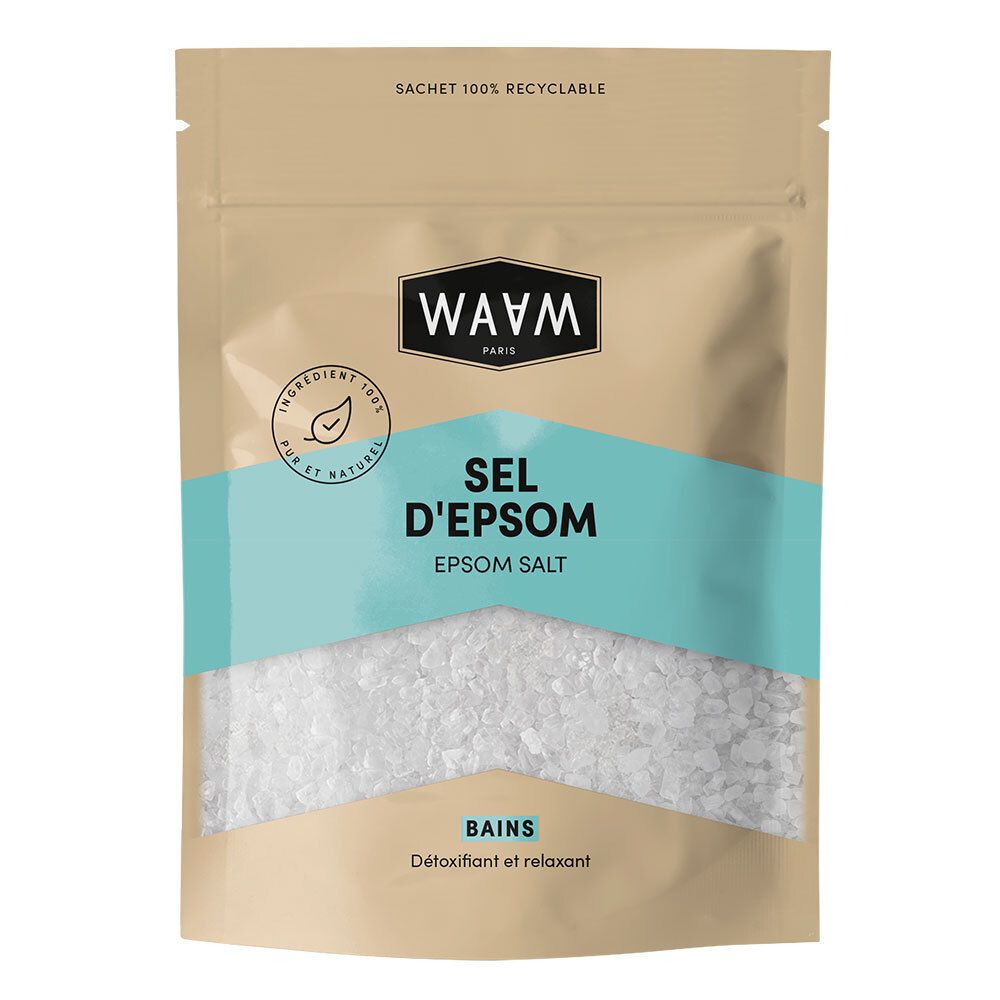 Sachet WAAM Sel d'Epsom contenant du sel d'Epsom visible. Sachet 100% recyclable.