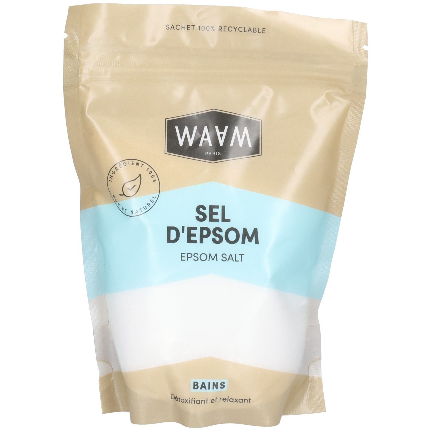 Sachet WAAM Sel d'Epsom contenant du sel d'Epsom visible. Sachet 100% recyclable.