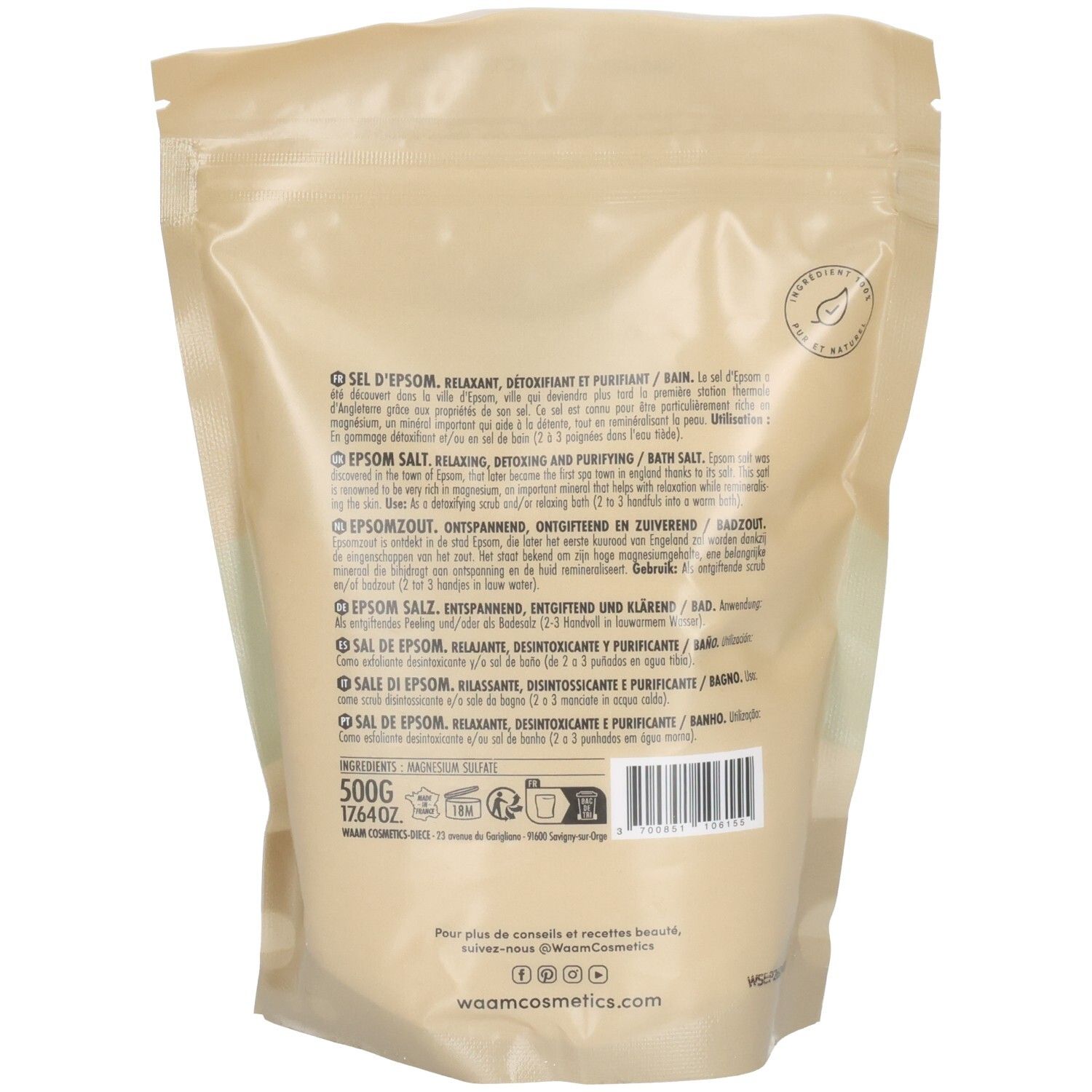 Arrière d'un sachet WAAM Sel d'Epsom avec informations produit et mention 500g.