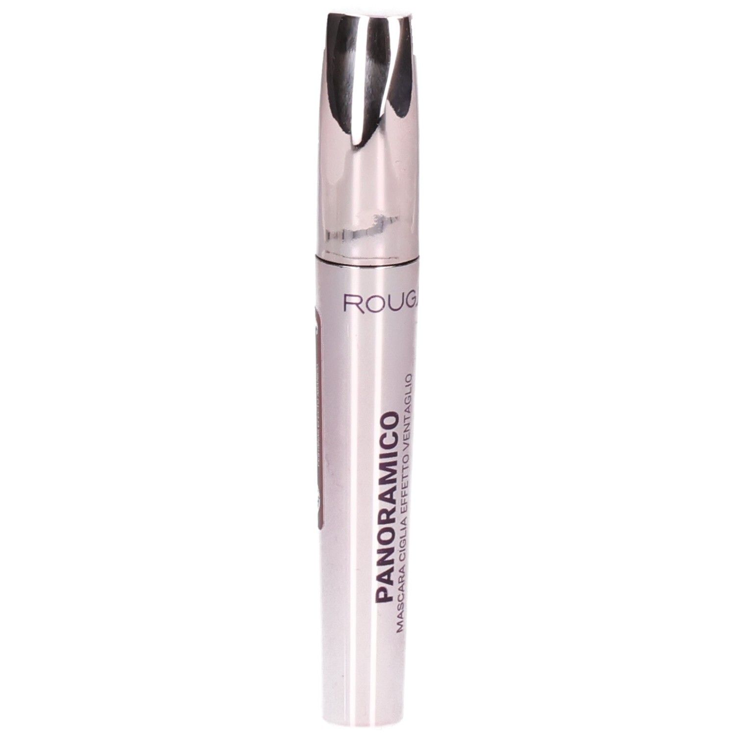 Mascara Rougj+: Flacon argenté avec applicateur argenté. Texte français : Panoramico Mascara Ciglia Effetto Ventaglio.