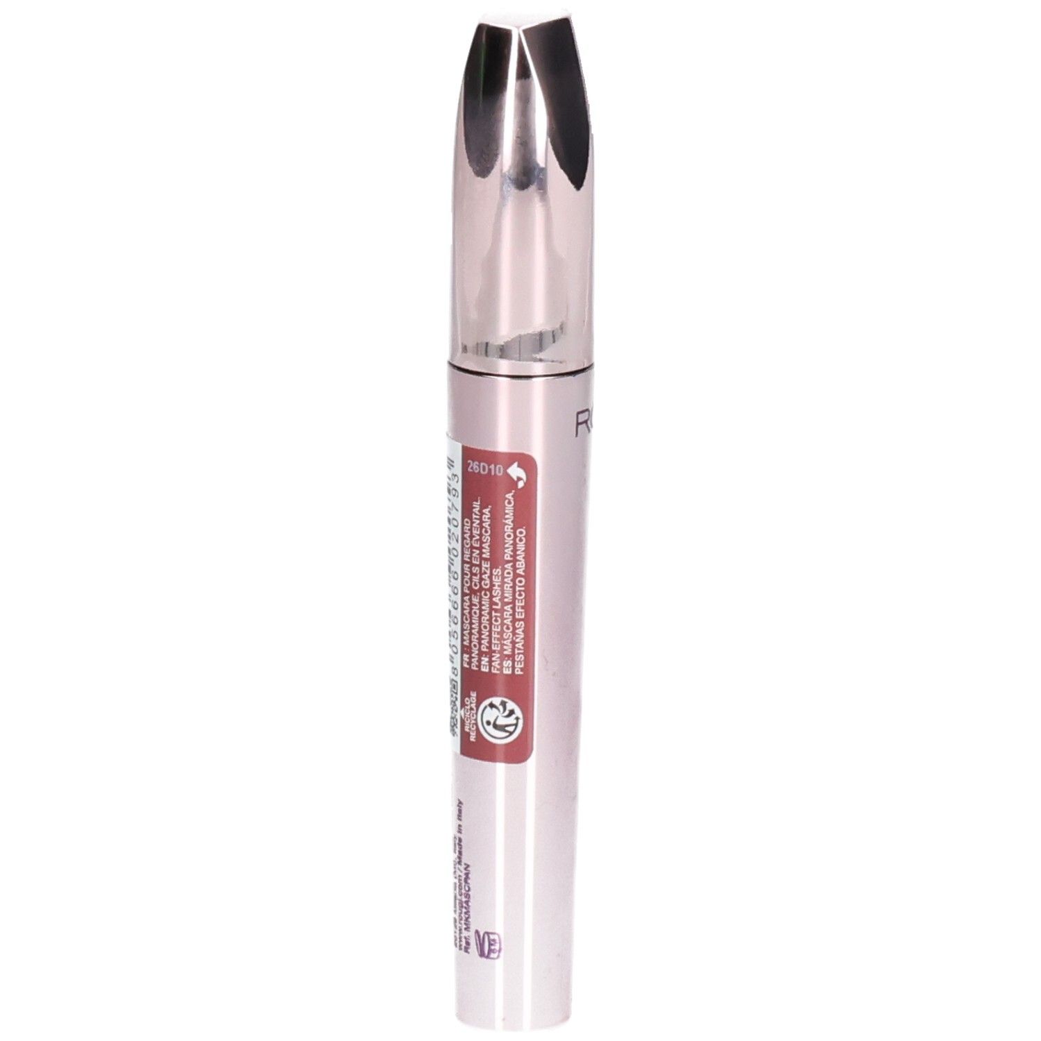 Mascara Rougj+: Arrière du flacon argenté avec informations produit et sceaux.