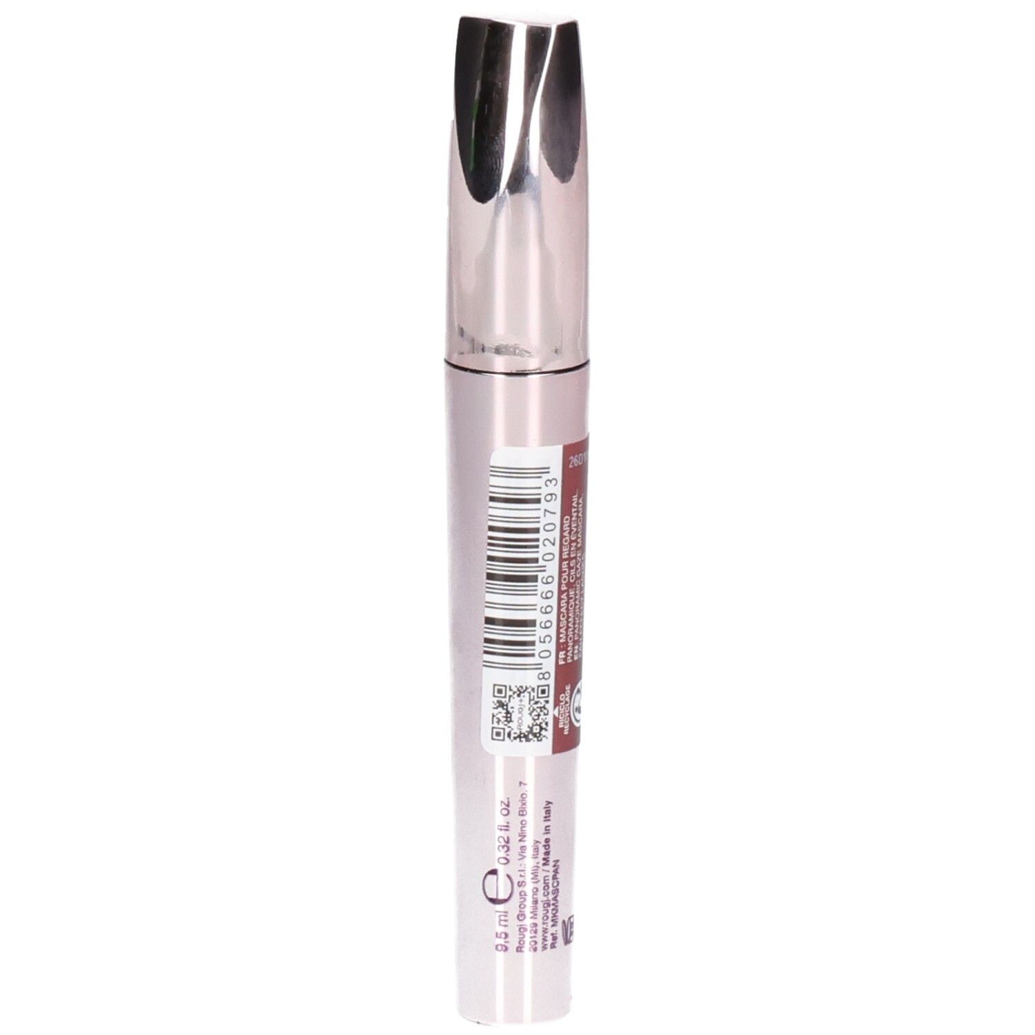 Mascara Rougj+: Arrière du flacon argenté avec code-barres, QR code et informations produit.