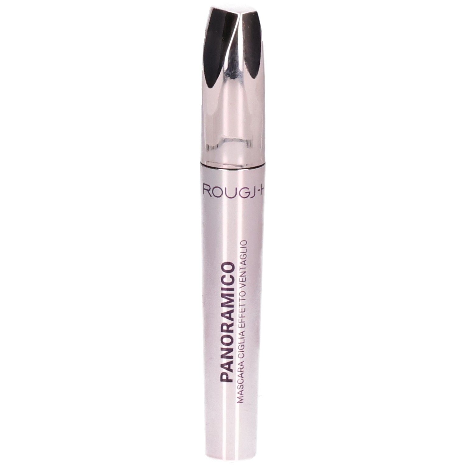 Mascara Rougj+: Flacon argenté avec applicateur argenté. Texte français : Panoramico Mascara Ciglia Effetto Ventaglio.