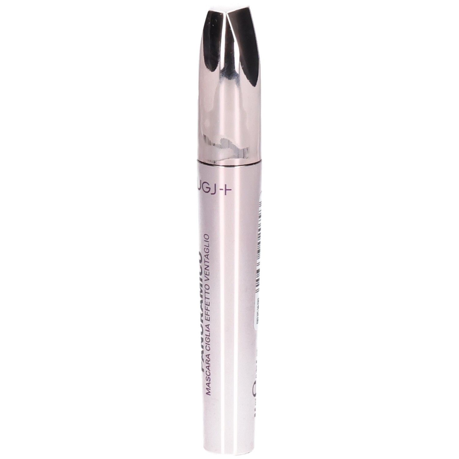 Mascara Rougj+: Flacon argenté avec applicateur argenté. Texte français : Panoramico Mascara Ciglia Effetto Ventaglio.